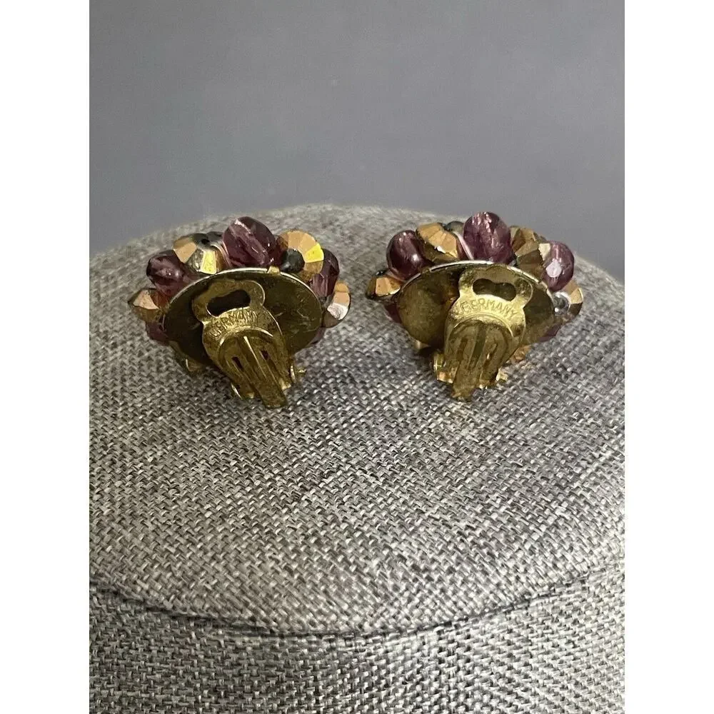 Vintage Germany Beaded Amethyst Colored Clip Brass Retro Cocktail Dress Earrings - Picture 4 of 6